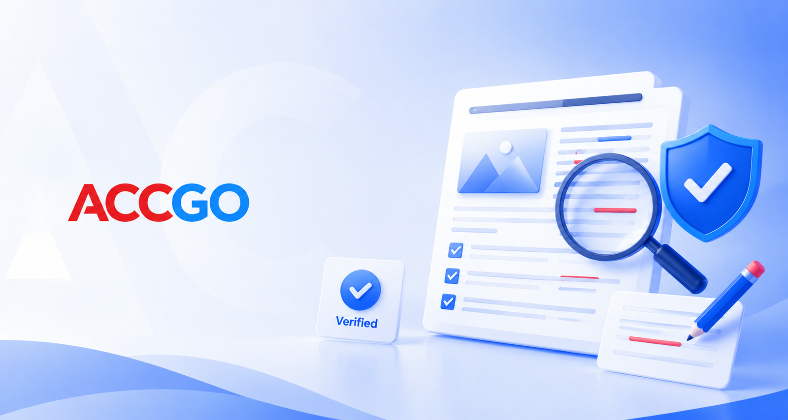 Accgo corrections policy illustration with a document checklist, magnifying glass, verification shield, and pencil