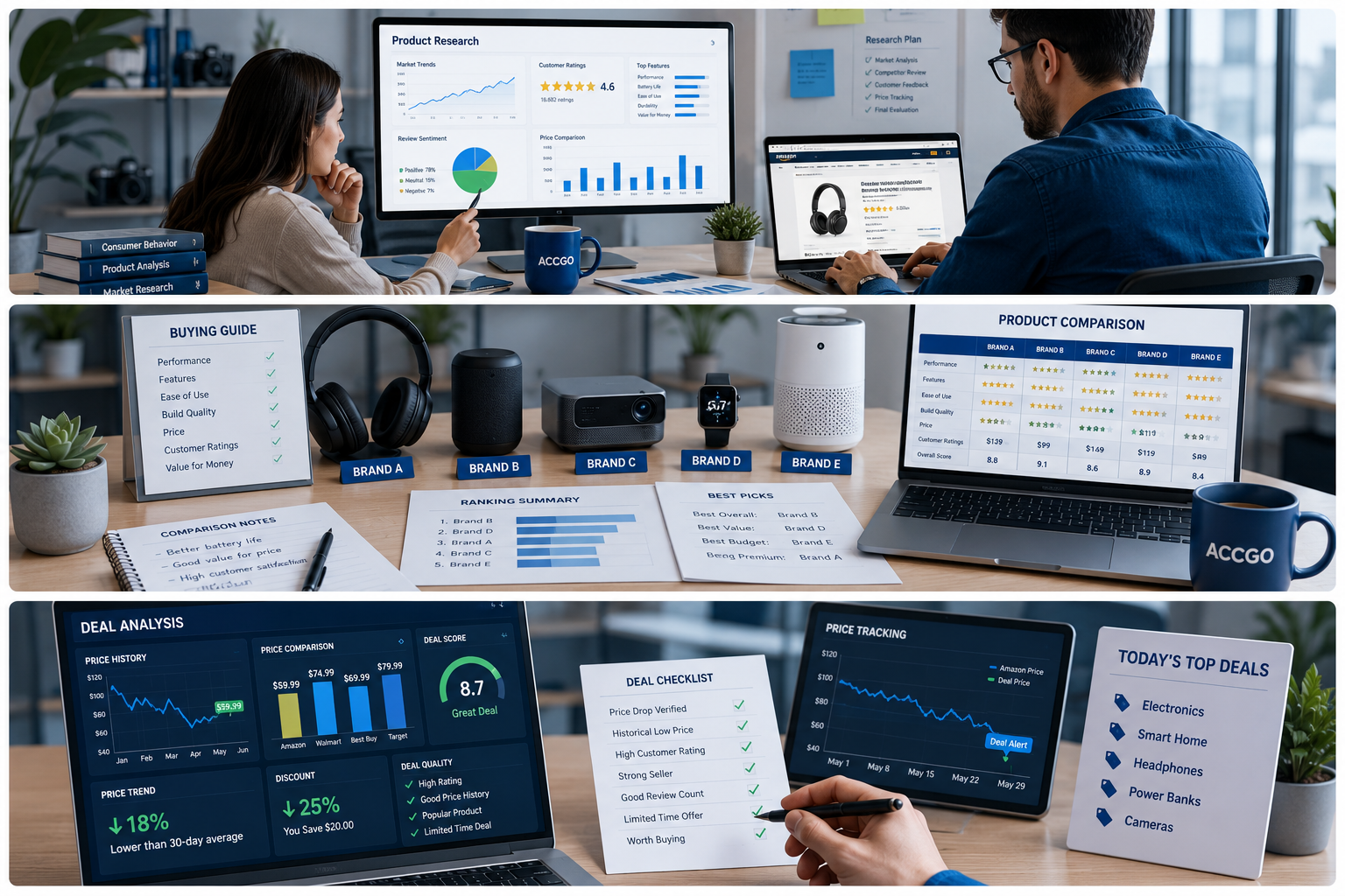 Accgo editorial team researching products, comparing options, and analyzing deals