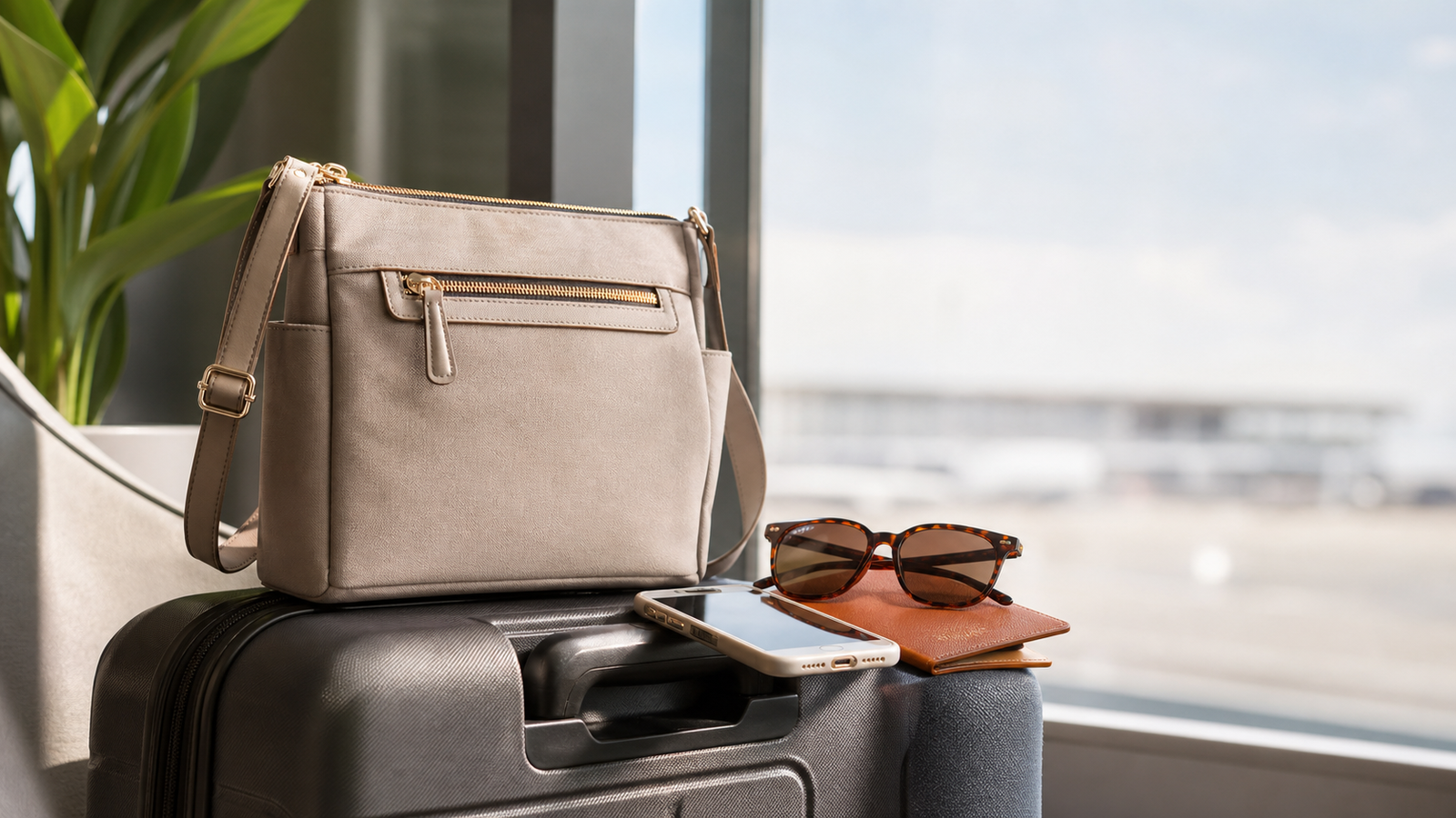 Travel crossbody bag on a carry-on suitcase in a bright airport lounge
