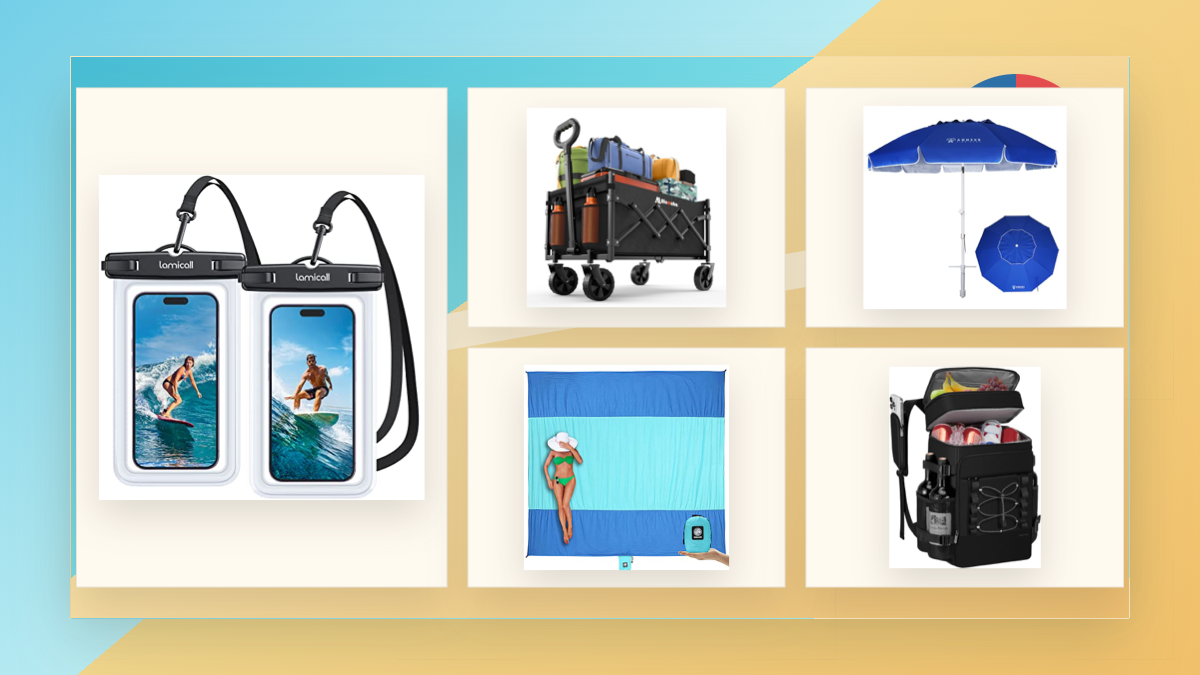 Beach and pool deal products arranged on a sunny shore editorial background
