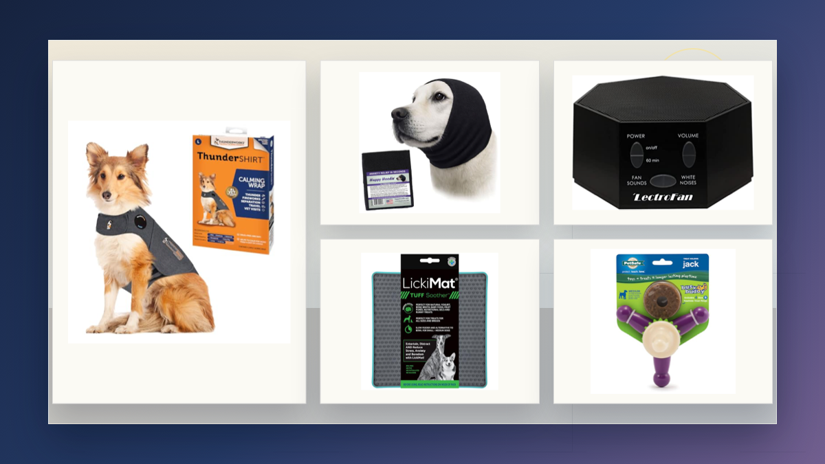 Dog calming and enrichment products for July 4 fireworks safety on a calm evening background