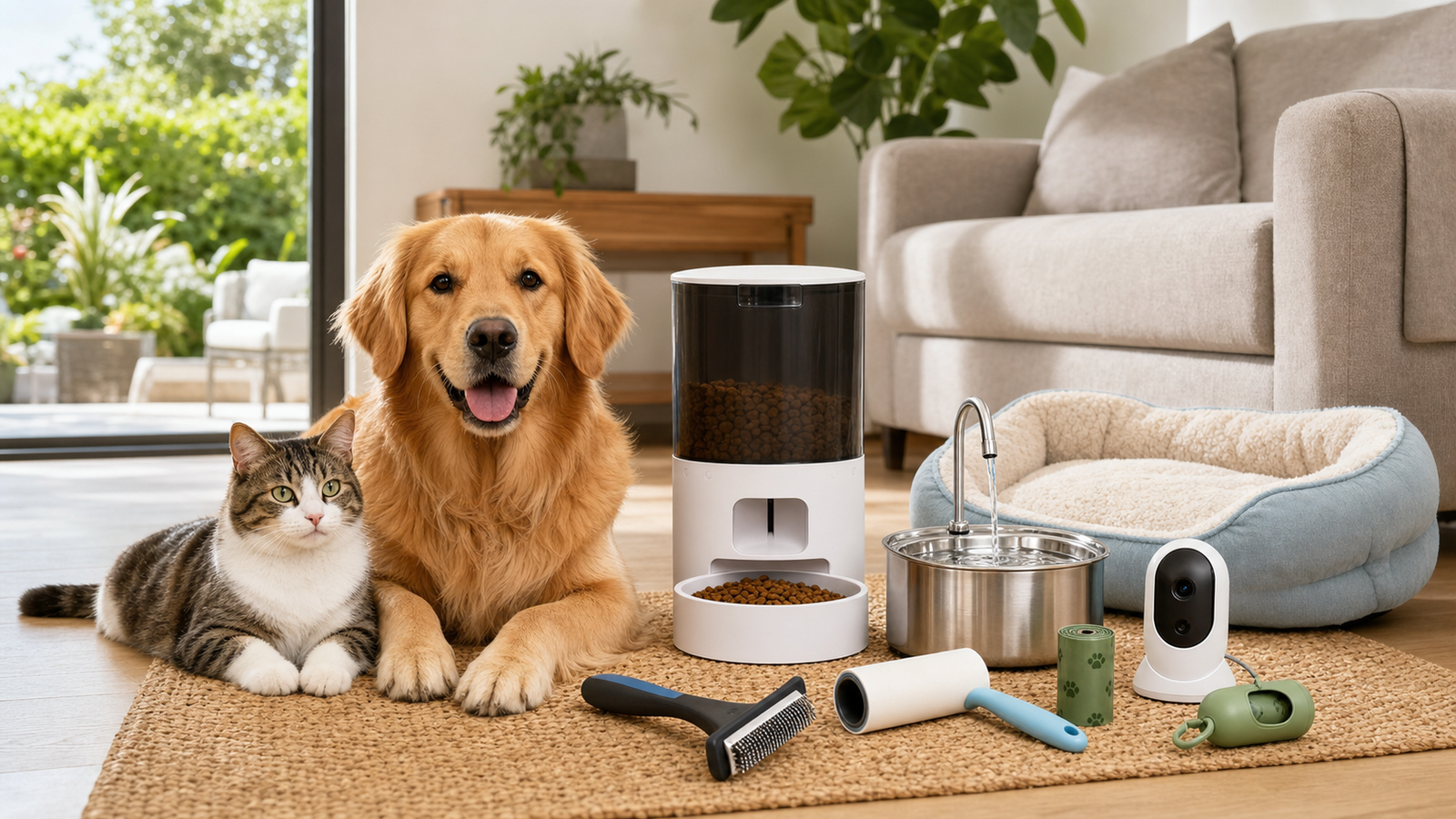 Dog and cat with an automatic feeder, water fountain, dog bed, pet camera, grooming tool, and dog-walk supplies