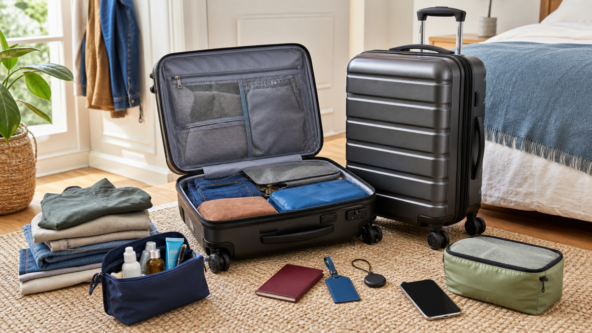 Carry on suitcases with packing cubes clothes toiletries passport holder luggage tag and travel accessories
