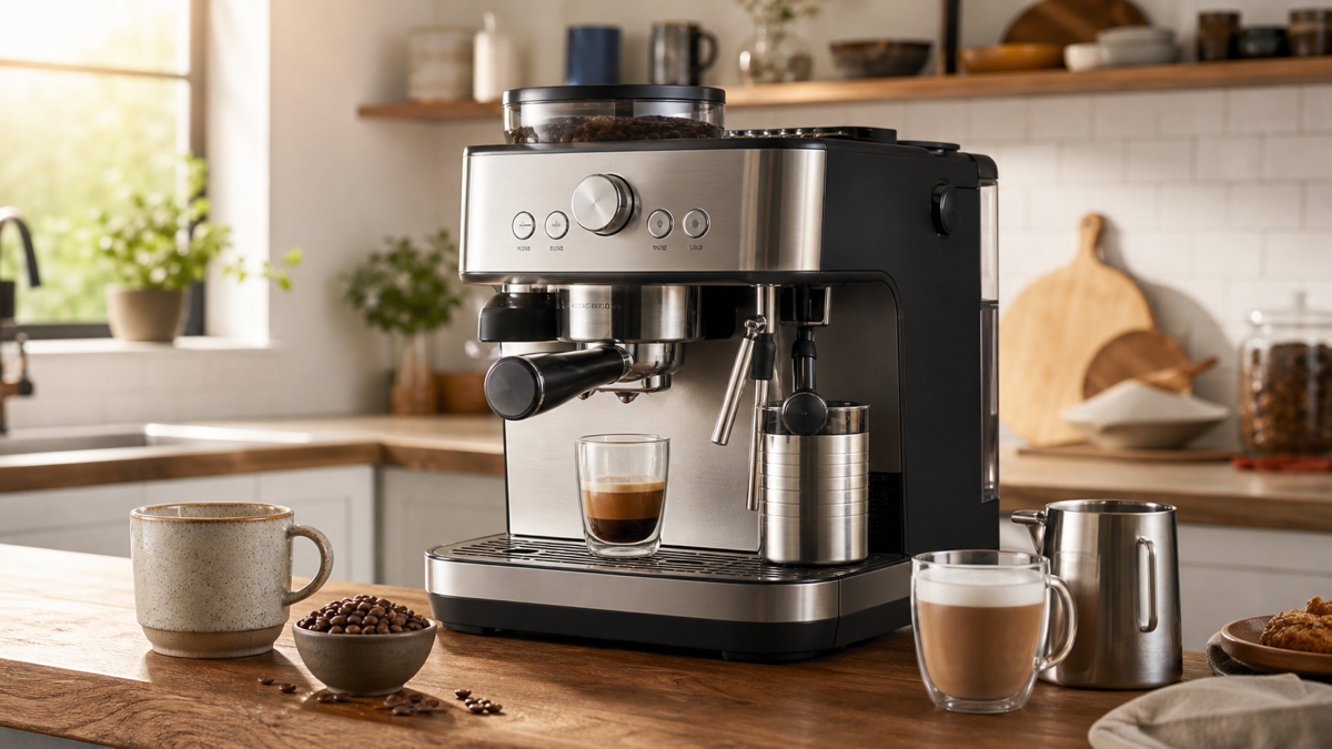 Generic espresso and coffee machine on a bright kitchen counter with cups beans and milk pitcher