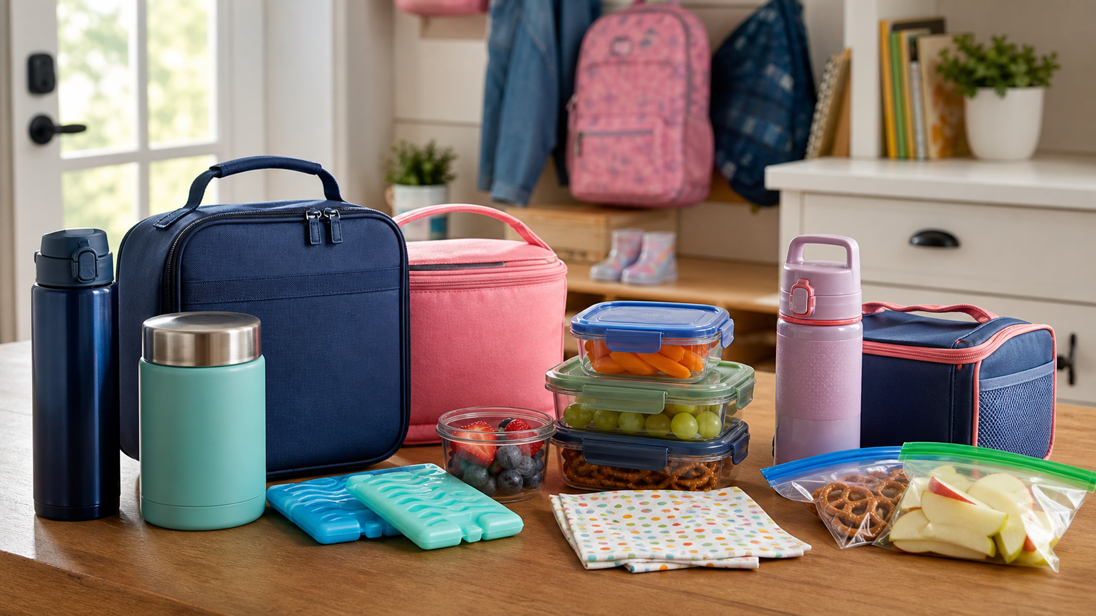 Back to school lunch gear deal setup with lunch bags water bottles food containers ice packs and snack bags on kitchen table