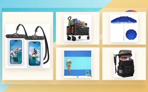 Beach and pool gear arranged on a sunny shore editorial background