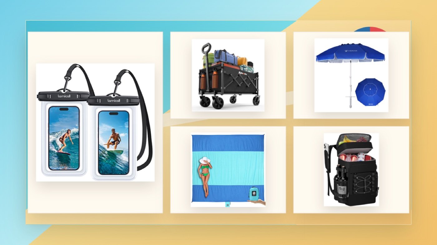 Beach and pool deal products arranged on a sunny shore editorial background
