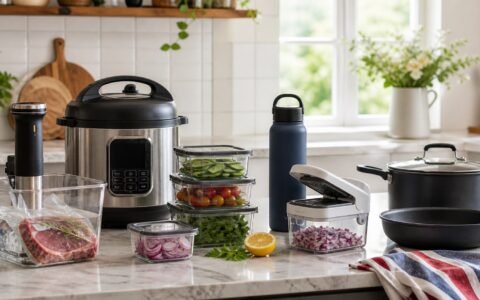 Labor Day kitchen counter with small appliances cookware storage containers and food prep tools