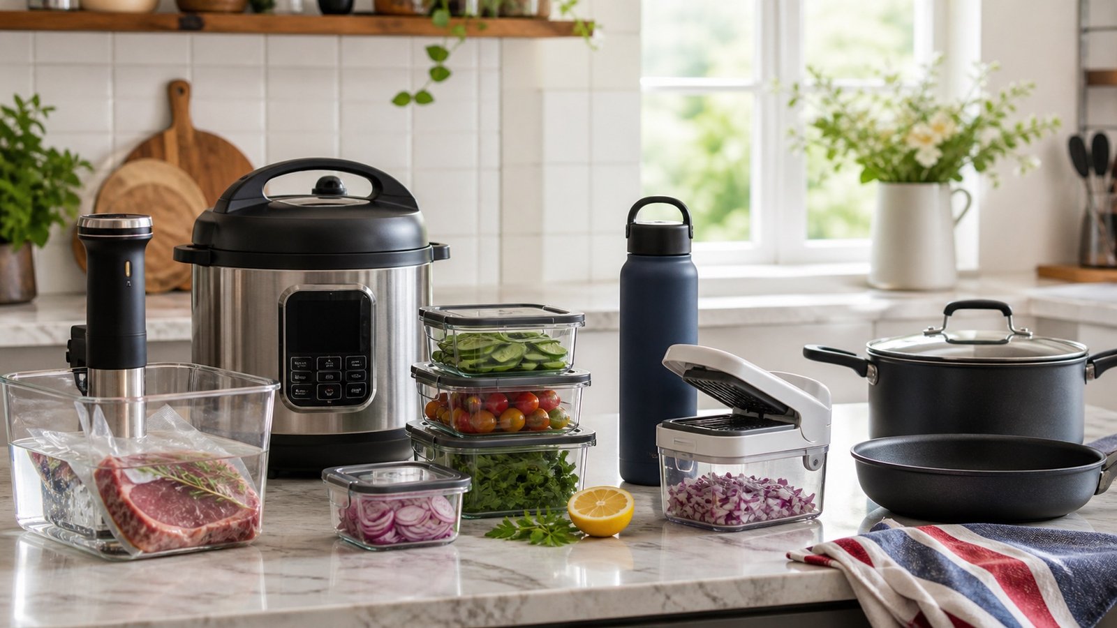 Labor Day kitchen counter with small appliances cookware storage containers and food prep tools