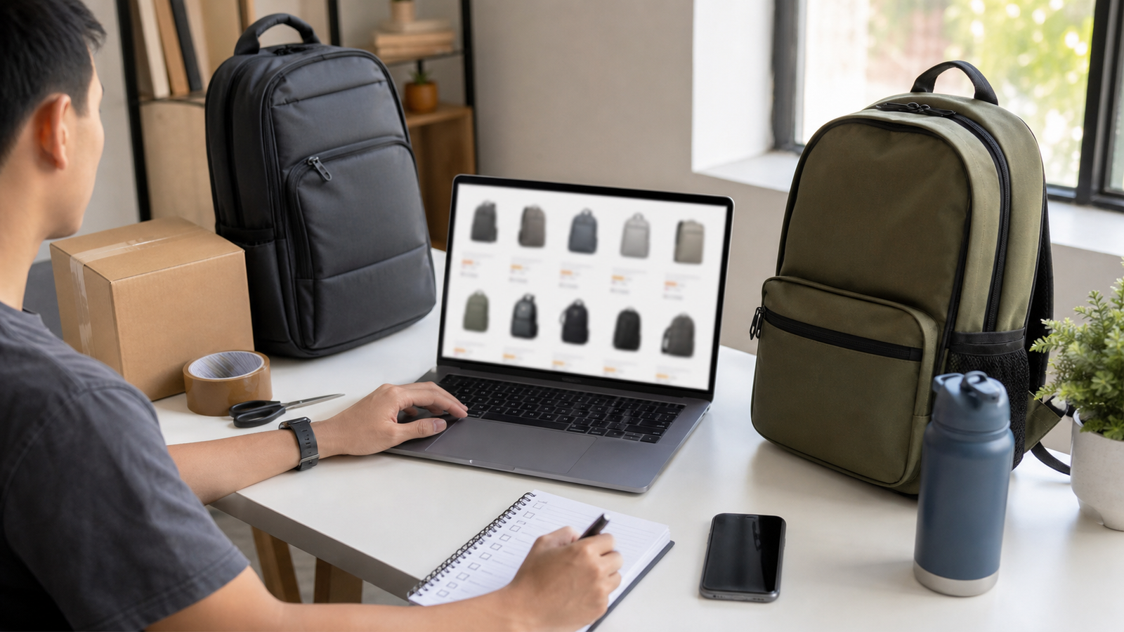 Home office deal checking scene with laptop unbranded backpacks shipping box notebook and water bottle