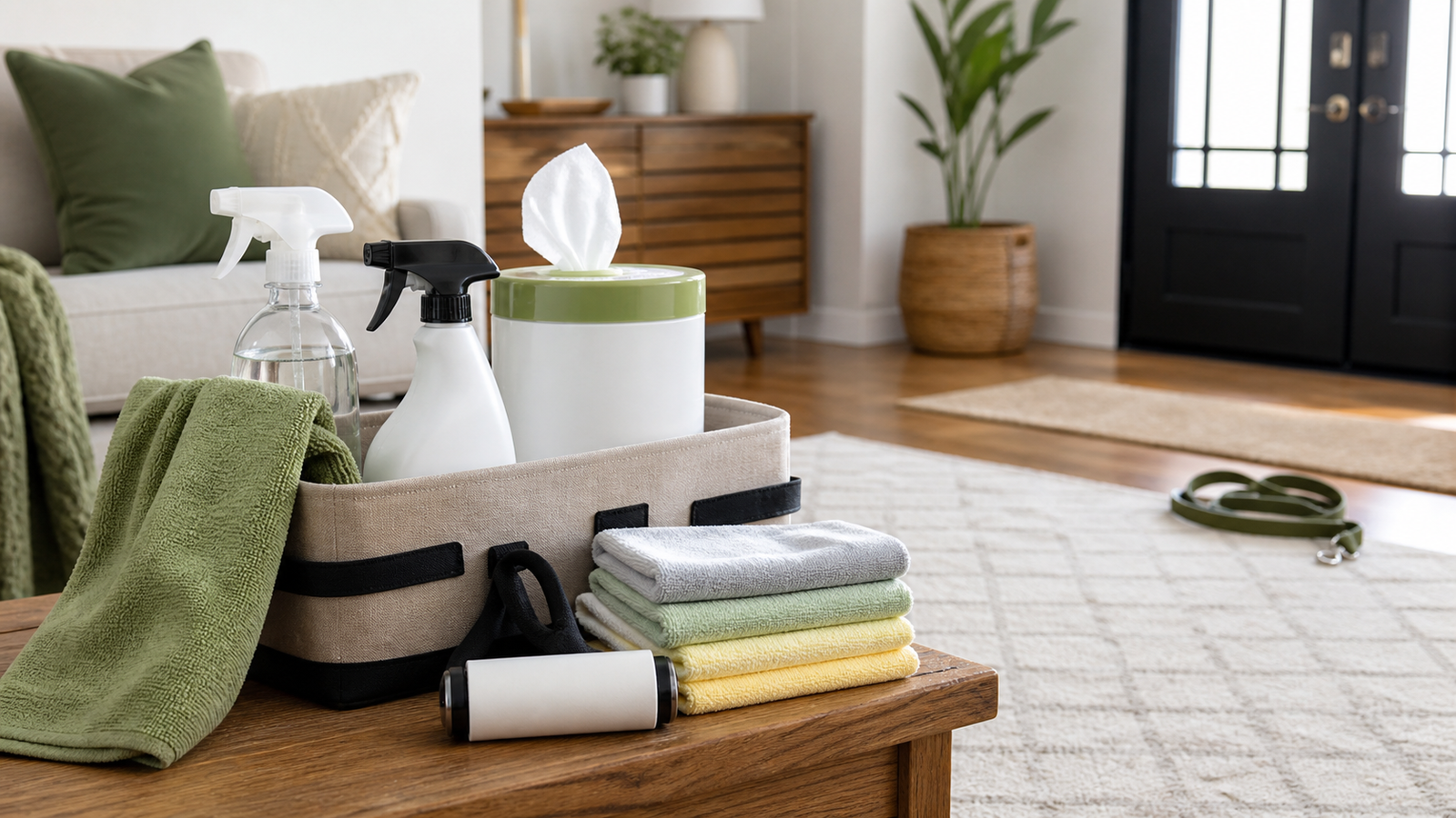 Home entryway cleaning caddy with unbranded spray bottles pet wipes microfiber towels pet hair roller and dog leash