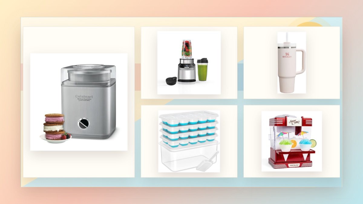 Summer kitchen deal products for ice cream, smoothies, cold drinks, and shaved ice on an editorial background