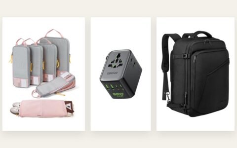 Travel packing setup with compression cubes universal adapter carry-on backpack and trip essentials