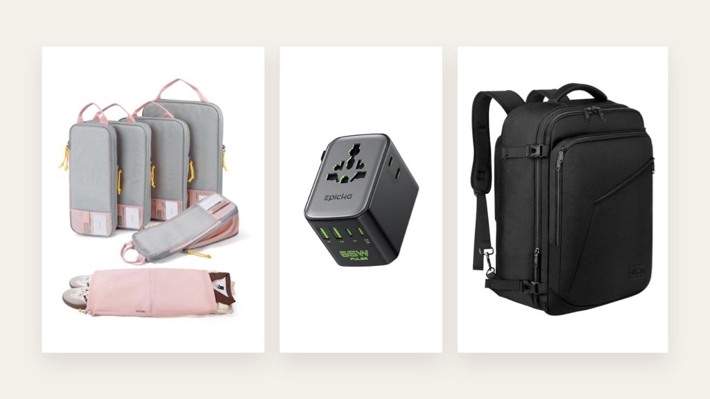 Travel packing setup with compression cubes universal adapter carry-on backpack and trip essentials