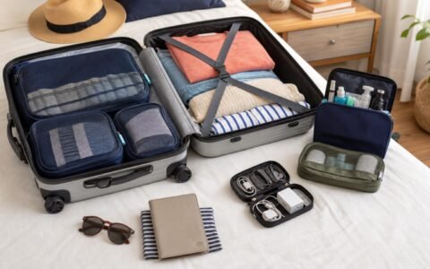 Open carry-on suitcase with packing cubes, toiletry bag, cable organizer, and travel essentials