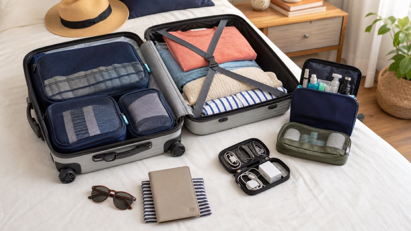 Open carry-on suitcase with packing cubes toiletry bag cable organizer and summer travel items