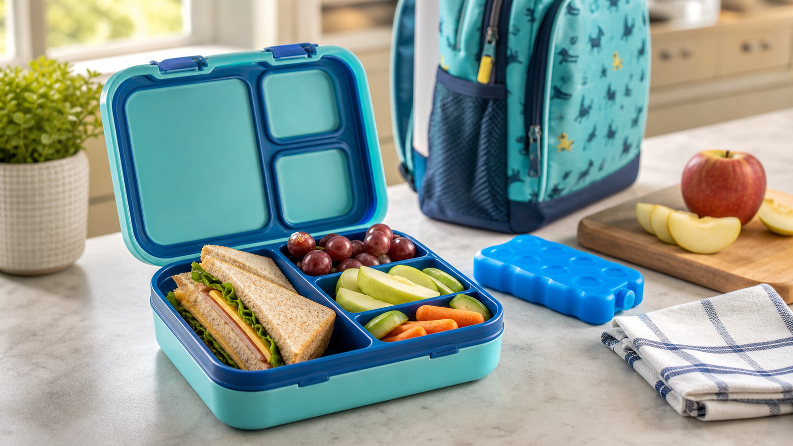 Open kids bento lunch box with ice pack fruit sandwich backpack and school morning kitchen setup