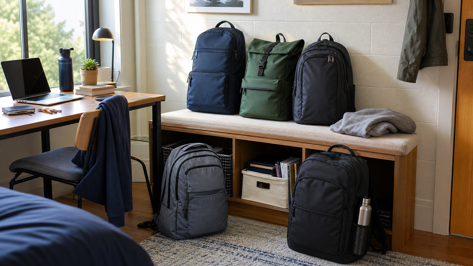 College dorm entryway with multiple unbranded backpacks laptop books water bottle and study desk