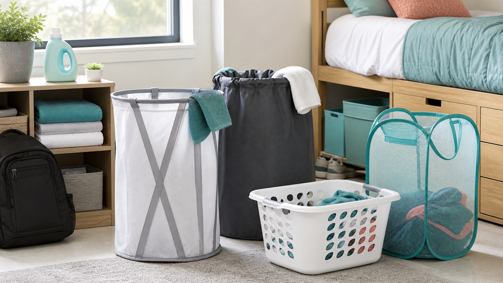 College dorm room corner with collapsible laundry hampers basket towels detergent storage shelf and bed