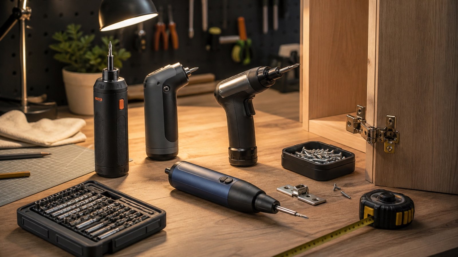 Compact electric screwdrivers and bit set on a home repair workbench beside a cabinet hinge