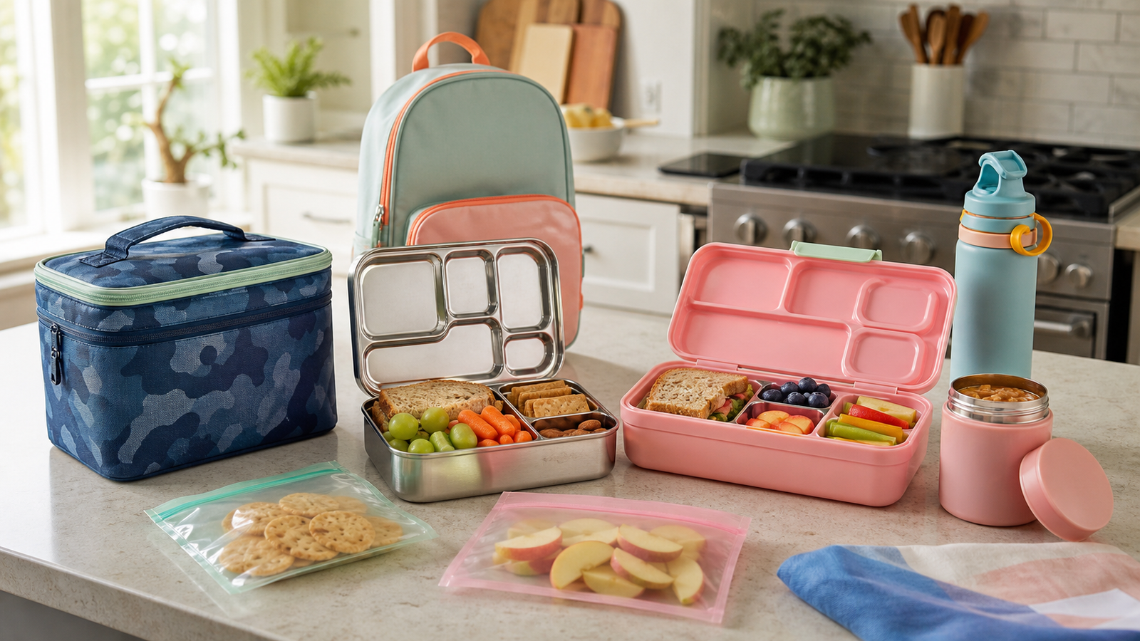 Comparison lineup of kids lunch boxes food jar snack bags water bottle and school backpack on kitchen counter