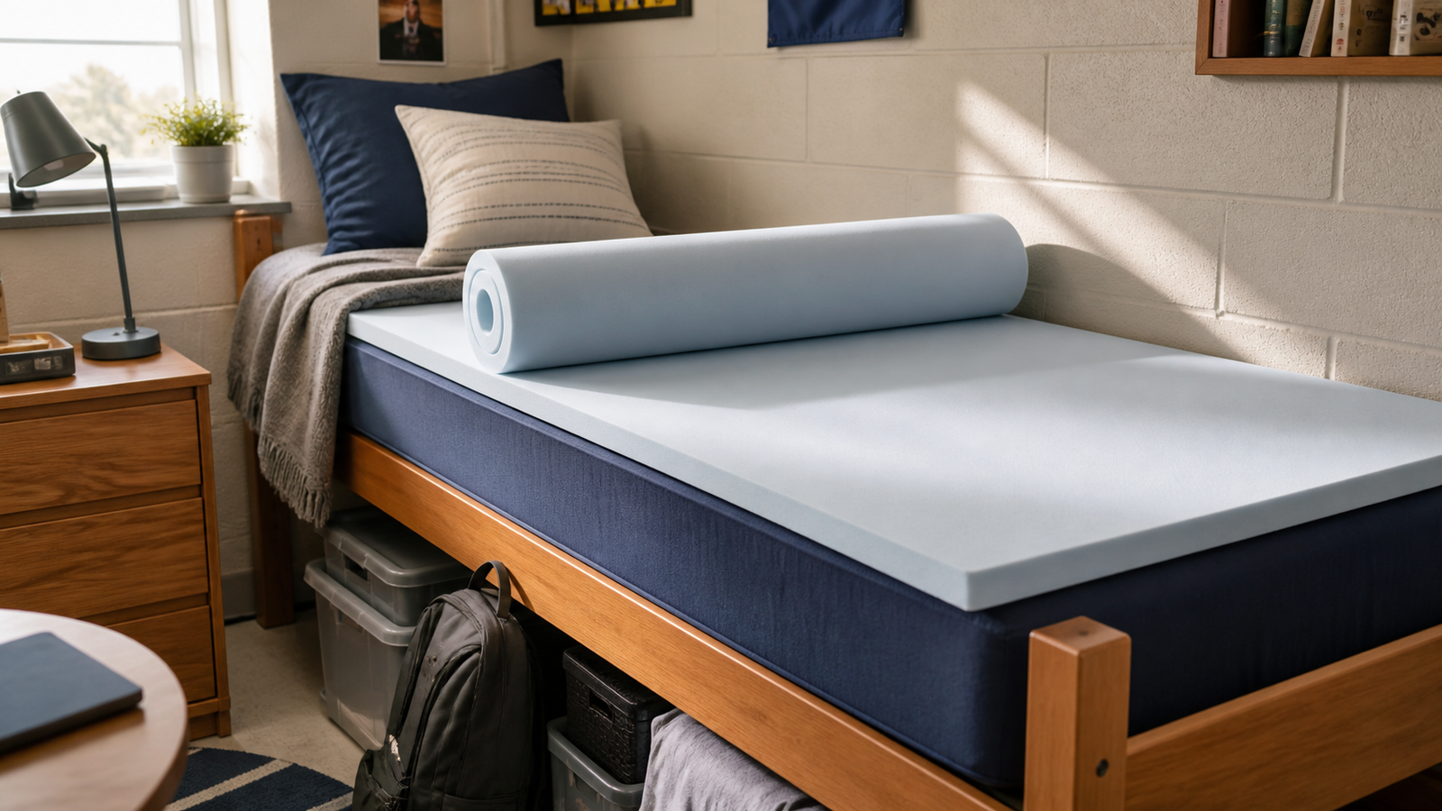 College dorm Twin XL bed with foam mattress topper partly unrolled bedding storage bins and backpack