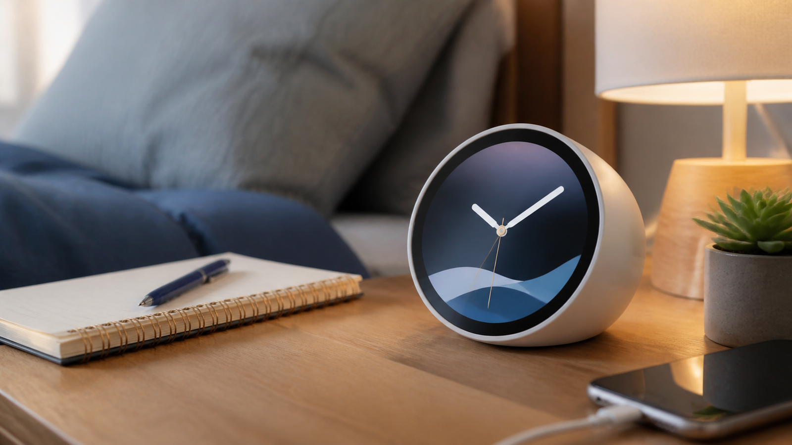 Compact smart alarm clock on dorm nightstand with notebook lamp phone charger and bedding