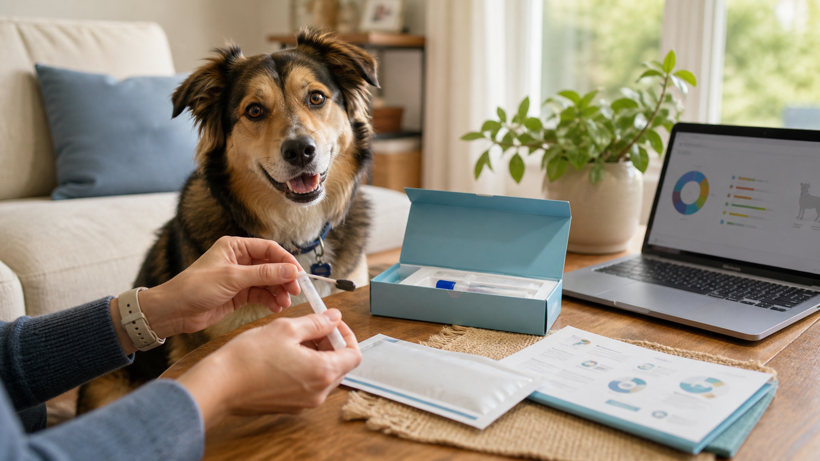 Mixed breed dog beside home table with dog DNA cheek swab kit laptop and sample envelope