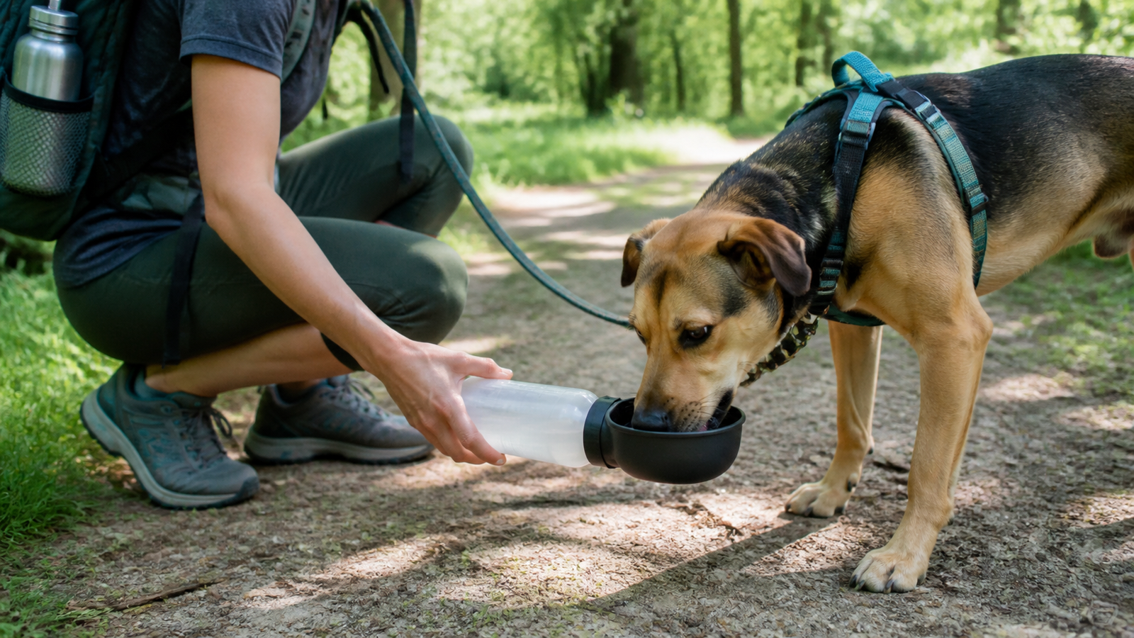 Dog drinking from unbranded portable water bottle bowl on shaded park path during summer walk