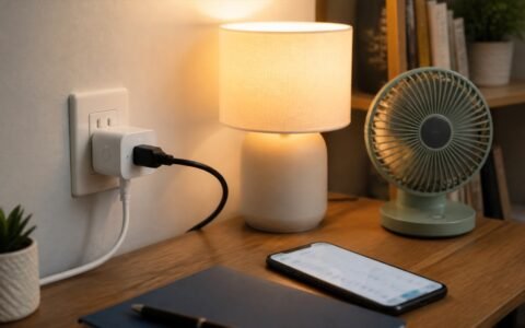Smart plug powering a warm desk lamp and small fan on a modern home desk