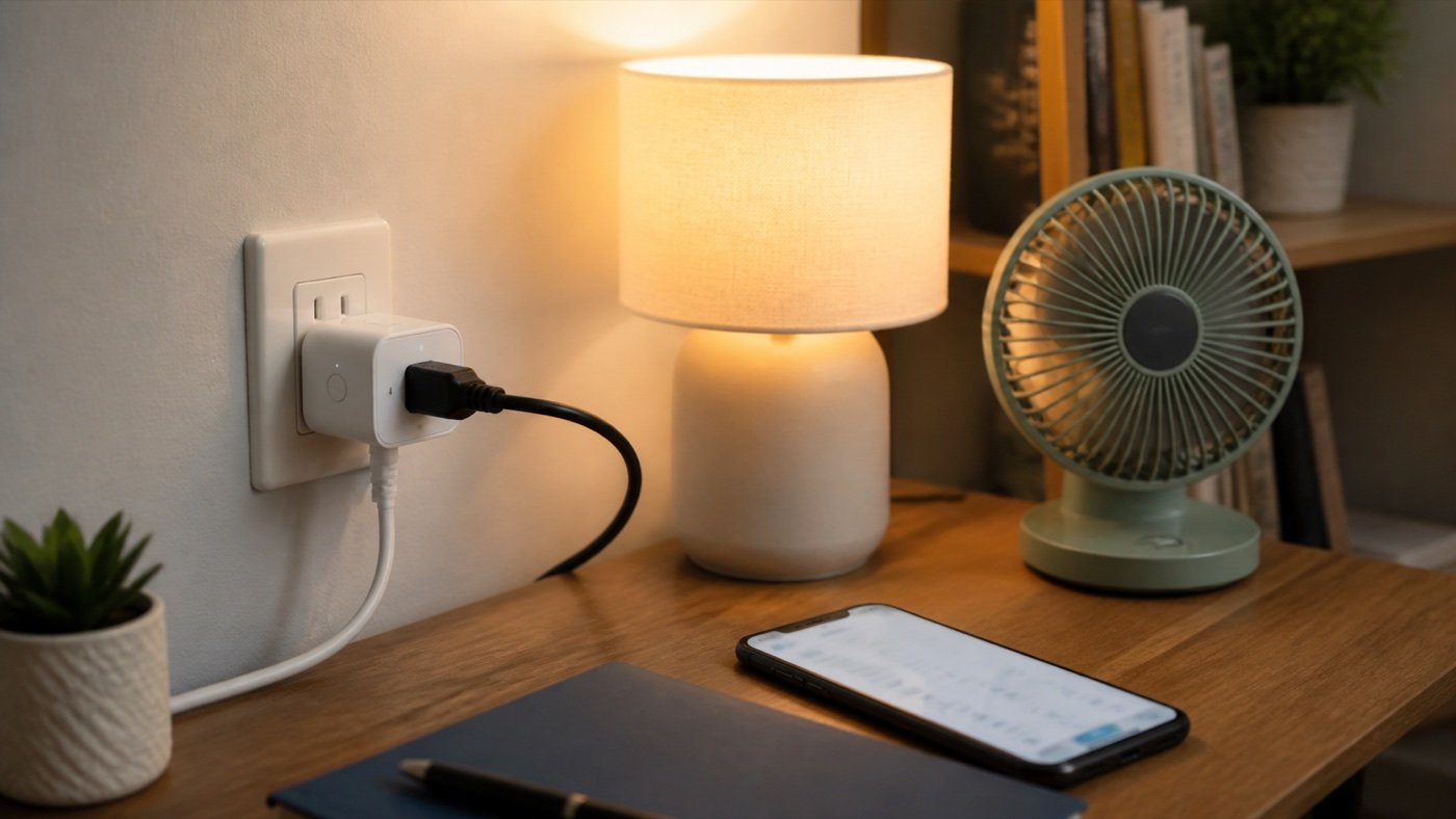 Smart plug powering a warm desk lamp and small fan on a modern home desk