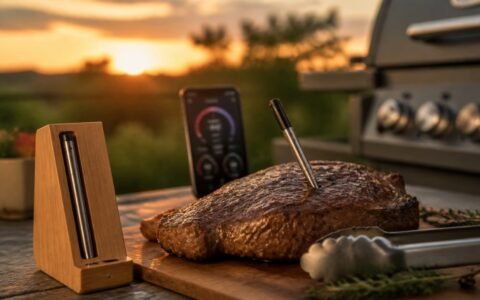 Wireless smart meat thermometer probe in steak on a patio grill with charging dock and phone timer