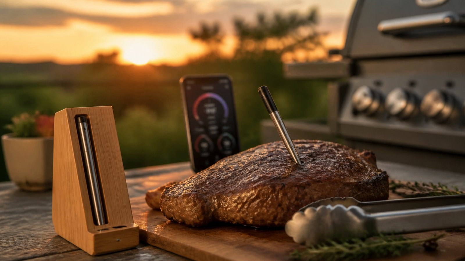 Wireless smart meat thermometer probe in steak on a patio grill with charging dock and phone timer