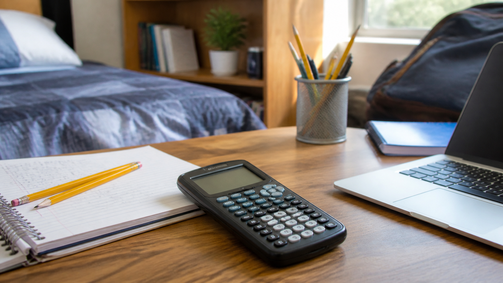 Student desk scene with unbranded graphing calculator notebook pencils laptop and backpack for TI-84 Plus CE review