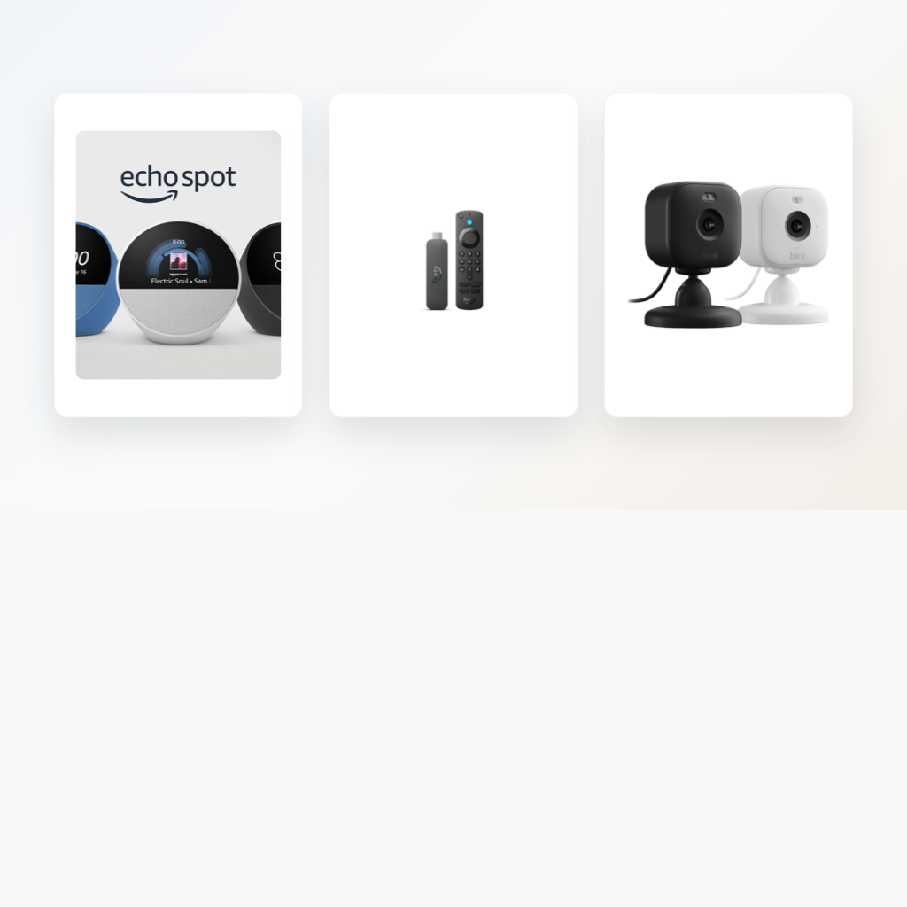 Amazon Echo Spot Fire TV Stick 4K Select and Blink Mini 2 arranged as Amazon device deals