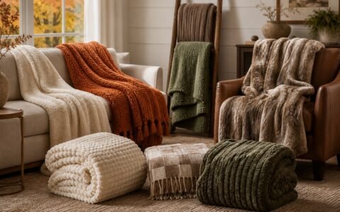 Seven unbranded cozy throw blankets in varied fall colors and textures arranged in a warm living room