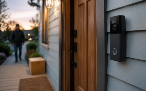Smart 2K video doorbell installed beside a front door with a package and visitor