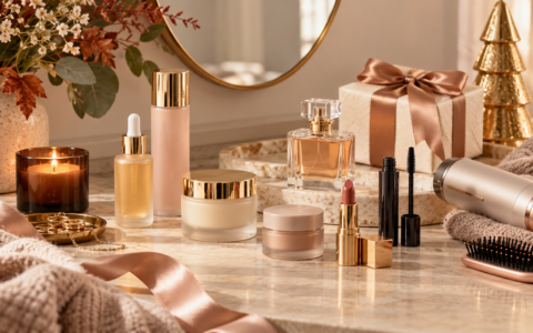 Holiday beauty shopping selection with skincare hair tools fragrance and gift sets
