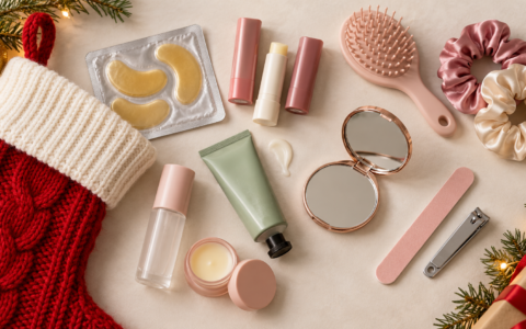 Beauty stocking stuffers including eye patches lip balm hand cream hair accessories and nail tools