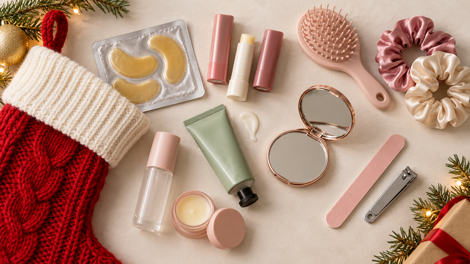 Beauty stocking stuffers including eye patches lip balm hand cream hair accessories and nail tools